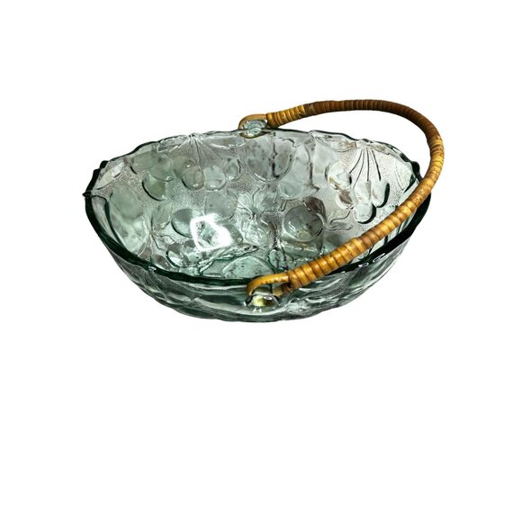 Vintage Libbey Orchard Fruit Green Tint Embossed Oval Bowl Basket - Picture 3 of 11